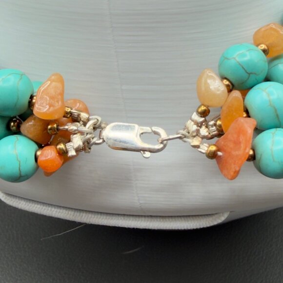 Multi Strand Stabilized Turquoise Gemstone Necklace Sterling Silver Clasp Choker - Picture 2 of 11